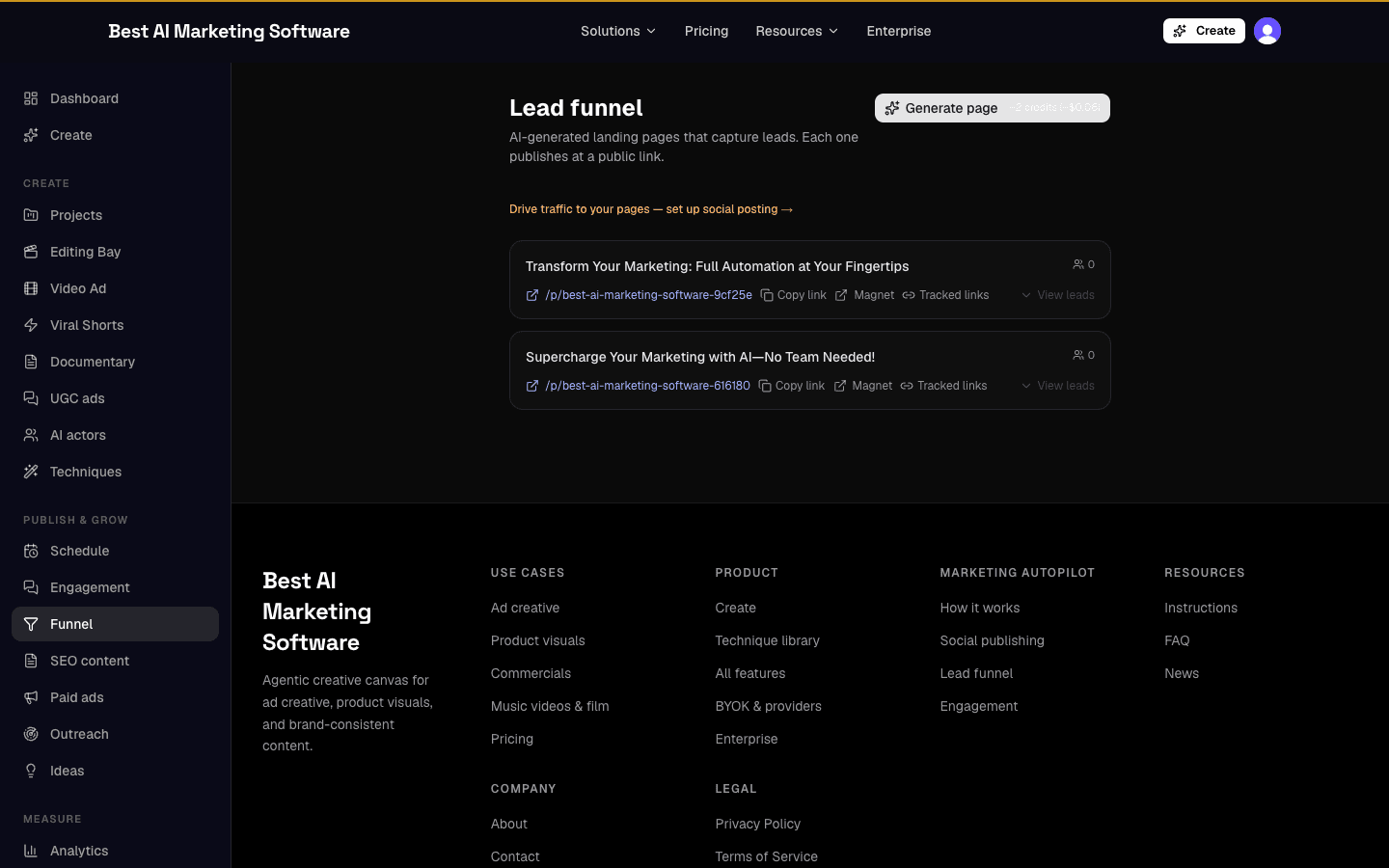 The Lead funnel page: AI-generated landing pages, each with a public link, tracked links, and a lead count.